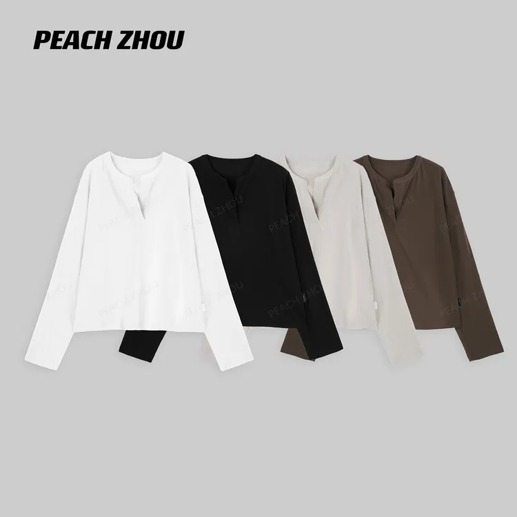 『PEACHZHOU』纯色轻薄半开领宽松长袖简约休闲通勤松弛百搭短款T恤