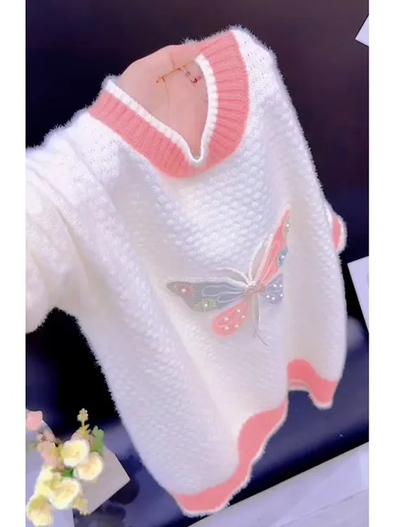 欧货拼色刺绣蝴蝶针织衫上衣女早秋新款气质小众宽松显瘦套头毛衣