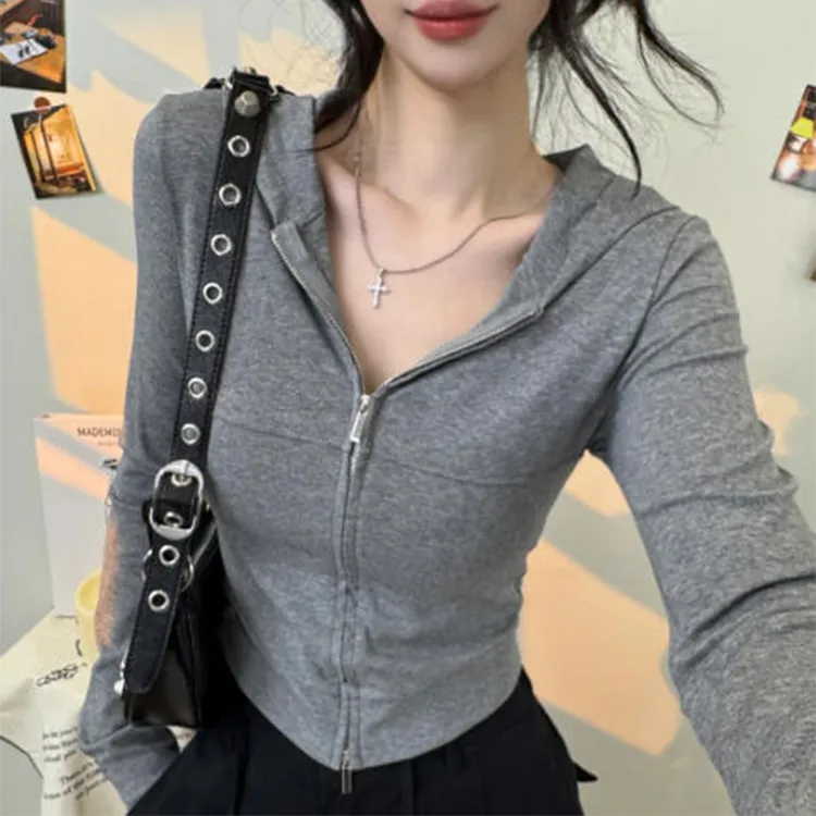 灰色连帽正肩长袖t恤女2025秋季设计感拉链开衫修身短款连帽上衣