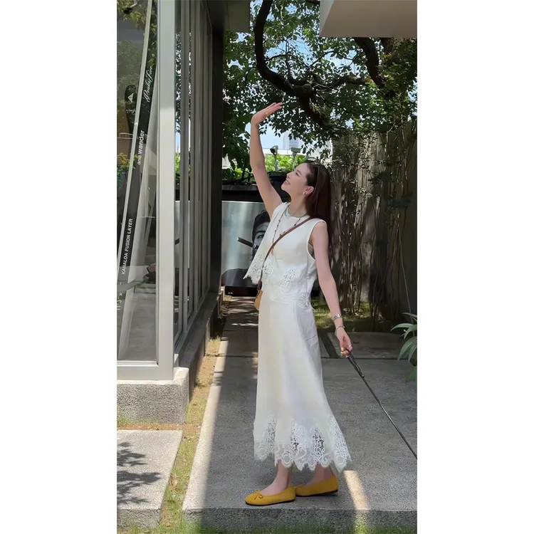 法式设计感小众绣花蕾丝拼接无袖背心上衣半身长裙子两件套装夏季