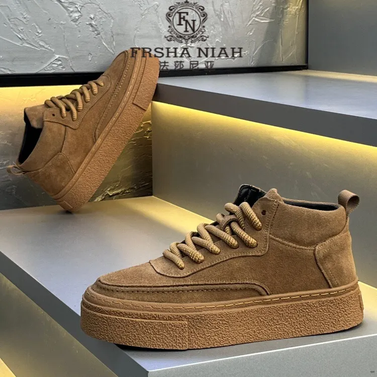 法莎尼亚轻奢男鞋秋季新款真皮高帮鞋潮流百搭厚底增高运动休闲鞋