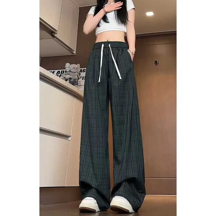 咖色薄款格子裤男款夏季美式复古垂感休闲裤子慵懒风宽松直筒裤