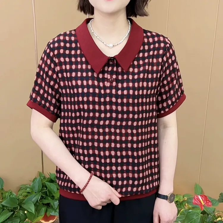 夏季新款时尚翻领气质妈妈装宽松休闲百搭显瘦薄款短袖上衣K6360