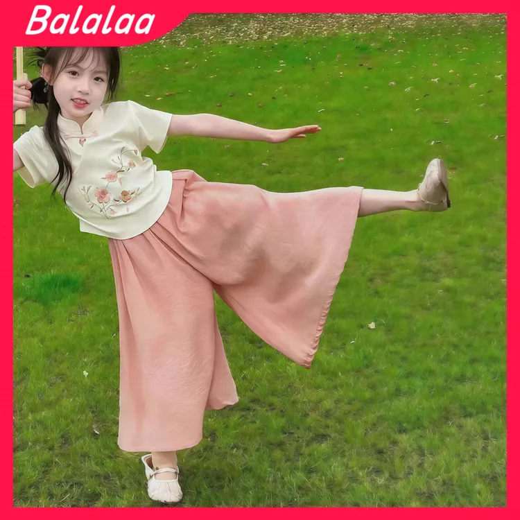 Balalaa女童新中式刺绣汉服套装夏季2025国风洋气阔腿裤夏装衬衣