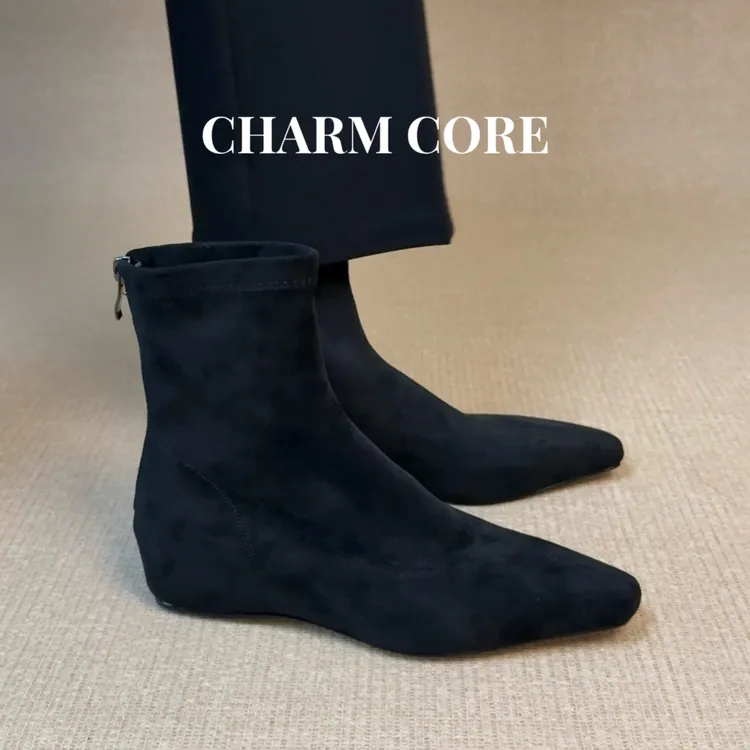 CHARM CORE大码女鞋34-42跟高4cm方头短靴女内增高弹力瘦瘦靴子