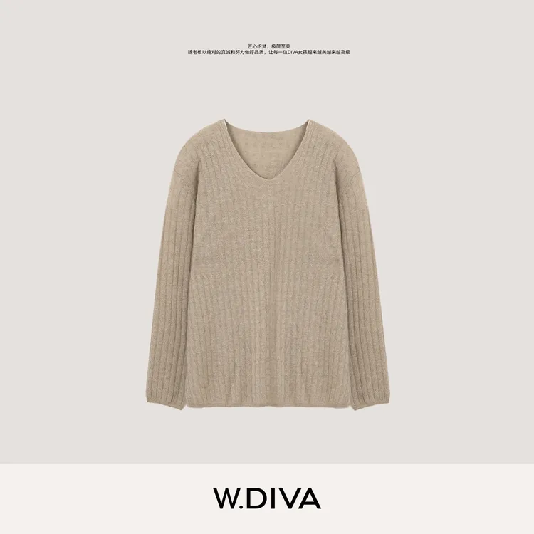 W.Diva【温柔织造】山羊绒羊毛轻薄软糯绞花V领长袖针织衫53Z013045
