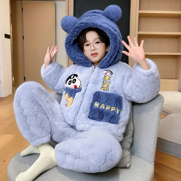 儿童三层夹棉加绒加厚法兰绒冬季男童连帽保暖睡衣洋气亲子家居服