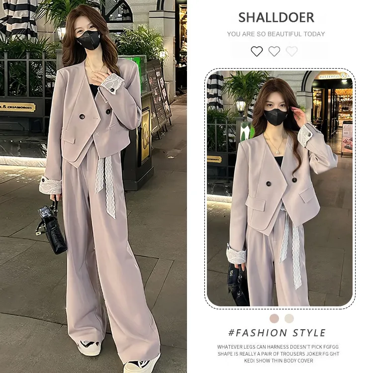 网红炸街时尚套装女2025春秋新款不规则西装外套高腰阔腿裤两件套