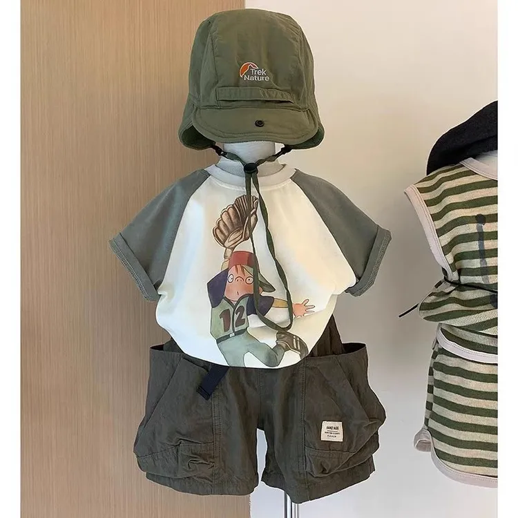 男童卡通短袖男女宝宝纯棉T恤韩版圆领上衣小男孩帅气休闲两件套