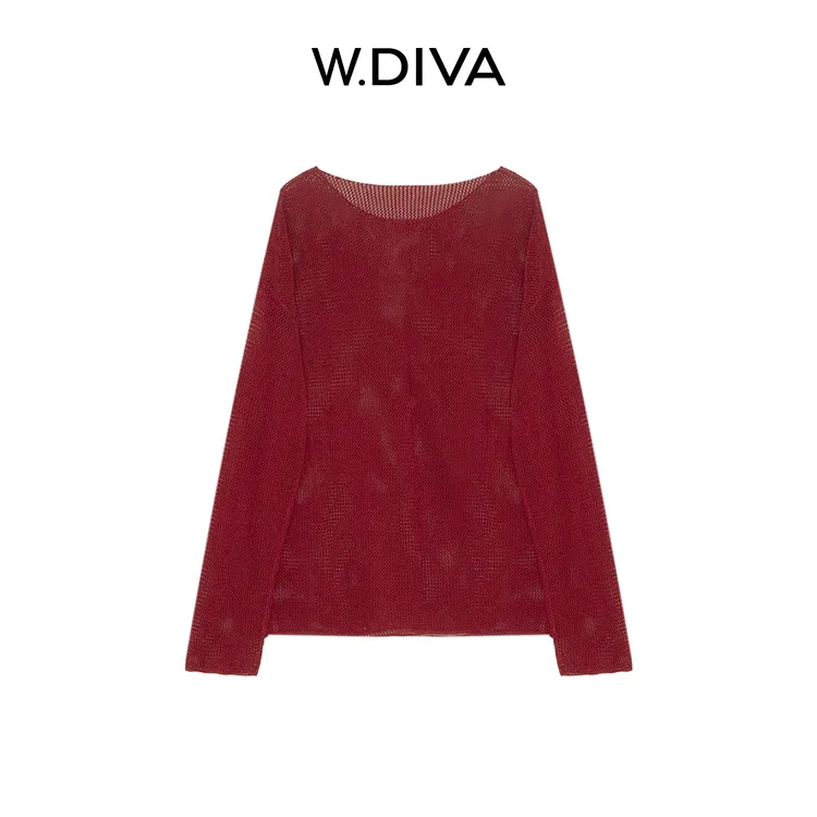 W.Diva【织韵】夏季出行透气舒适镂空卷边圆领长袖衫女51Z111715