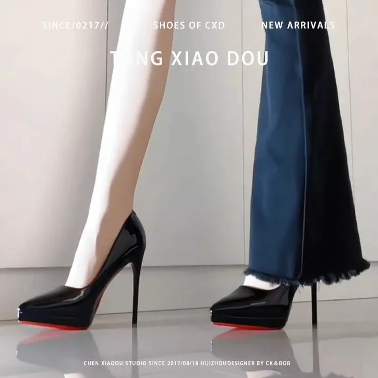 黑色红底高跟鞋女细跟2025新款防水台不累脚气质高级尖头职业单鞋