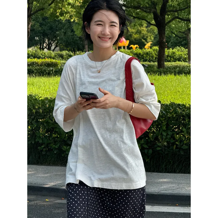 LANGQING 大版纯棉七分袖t恤女夏季宽松oversize中长款上衣43954#