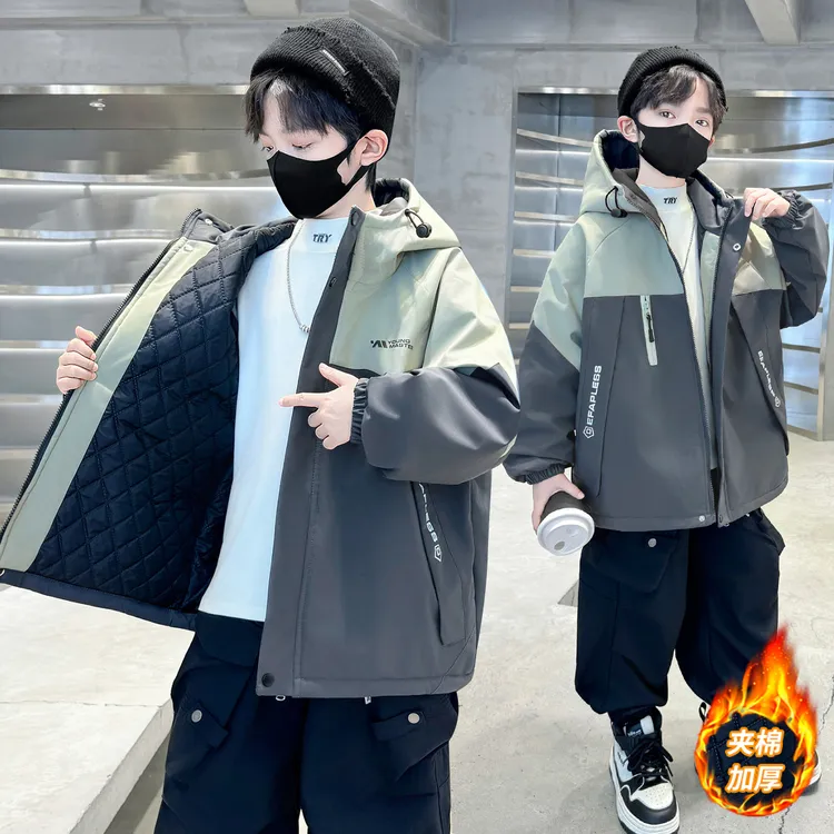 男童加厚外套秋冬装2025新款中大儿童男孩秋冬季夹棉保暖冲锋衣潮