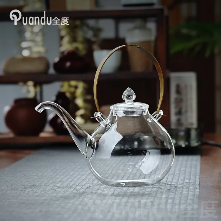 可明火家用泡茶煮茶壶高硼硅加厚玻璃铜把提梁壶围炉养生煮茶壶