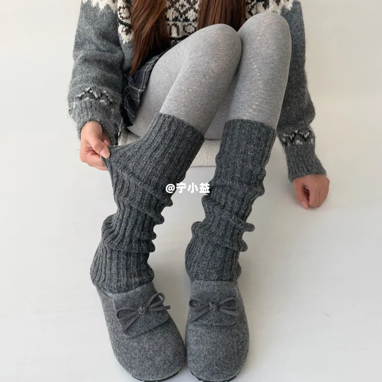 宁小益针织袜套小腿套灰丝系粗坑条袜子女秋冬显瘦叠穿羊毛堆堆袜