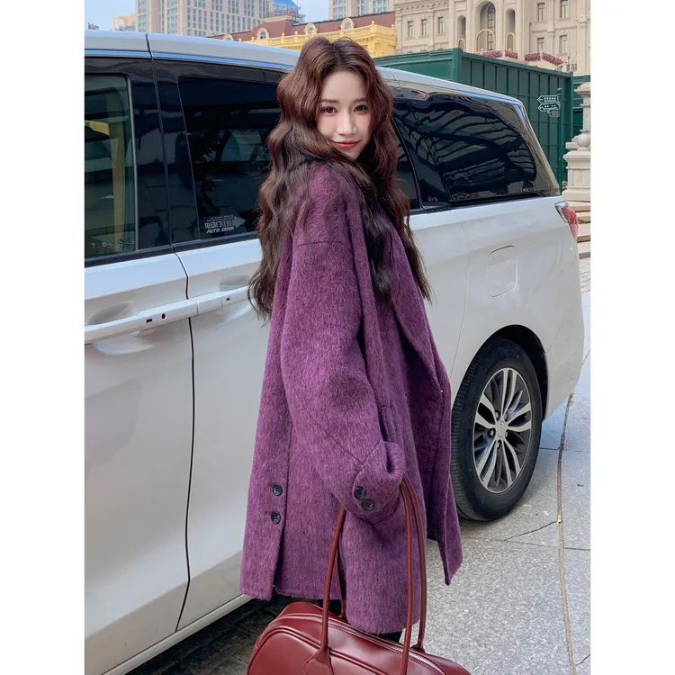 紫色双排扣双面呢羊毛外套女秋冬2025新款韩系气质高级感绝美大衣