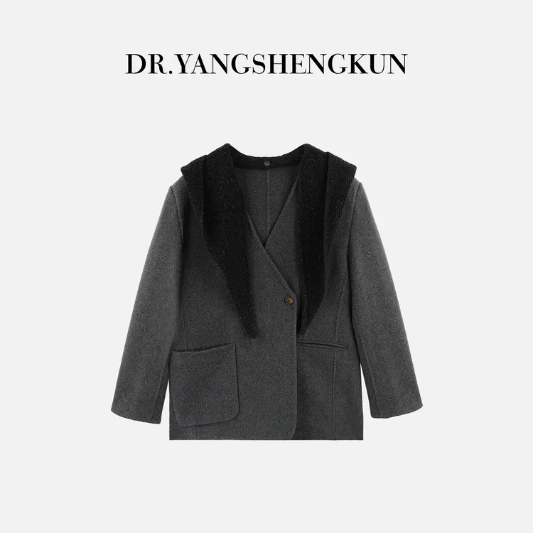 杨圣坤2025新品羊绒澳洲羊毛混纺高级感披肩连帽毛呢大衣TR259308