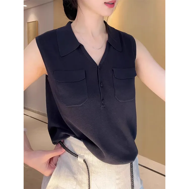 大码夏季翻领气质冰丝无袖背心女微胖妹妹设计感百搭洋气显瘦上衣