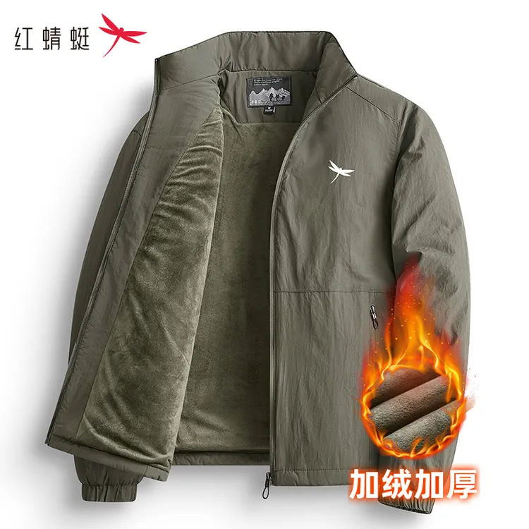 红蜻蜓加绒夹克男秋冬季户外防风加厚保暖宽松中老年爸爸装外套