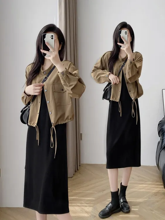 2025早春新款精致连衣裙女抽绳短款外套搭配背心中长款大码打底裙