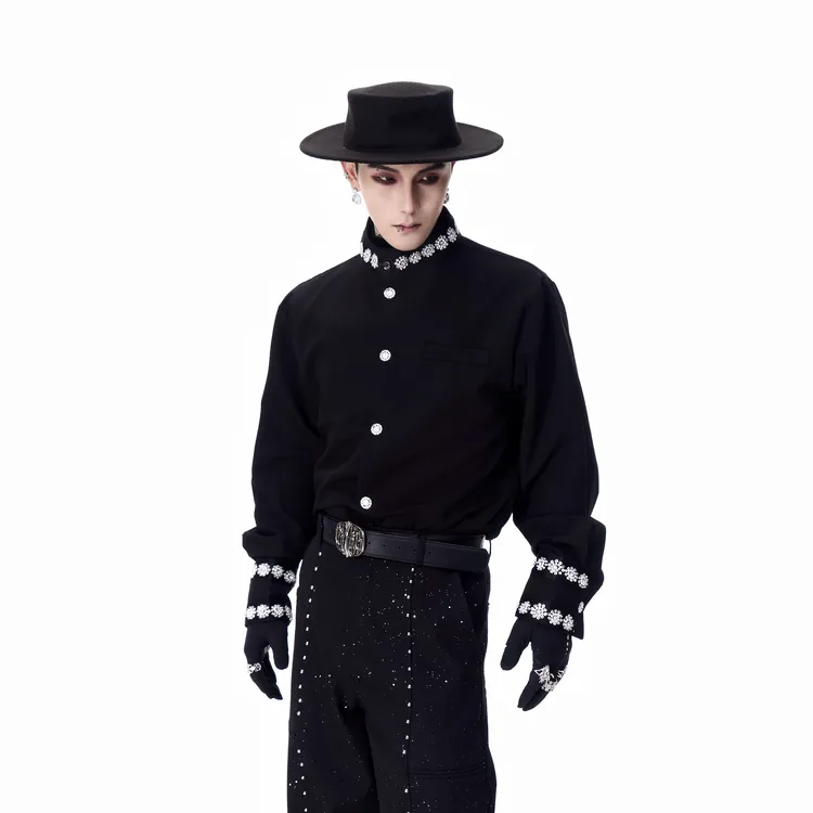 牧羊帅 高定雪花钉珠中式立领垫肩长袖衬衫男模轻奢免烫打底衬衣