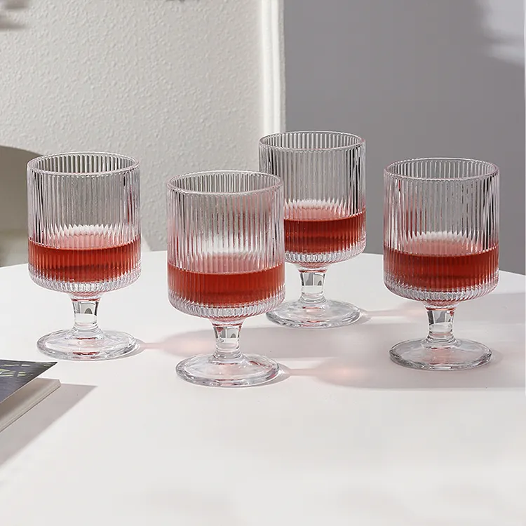 6只装-竖纹高脚杯加厚玻璃酒杯饮料杯高透水杯红酒杯烈酒杯家用