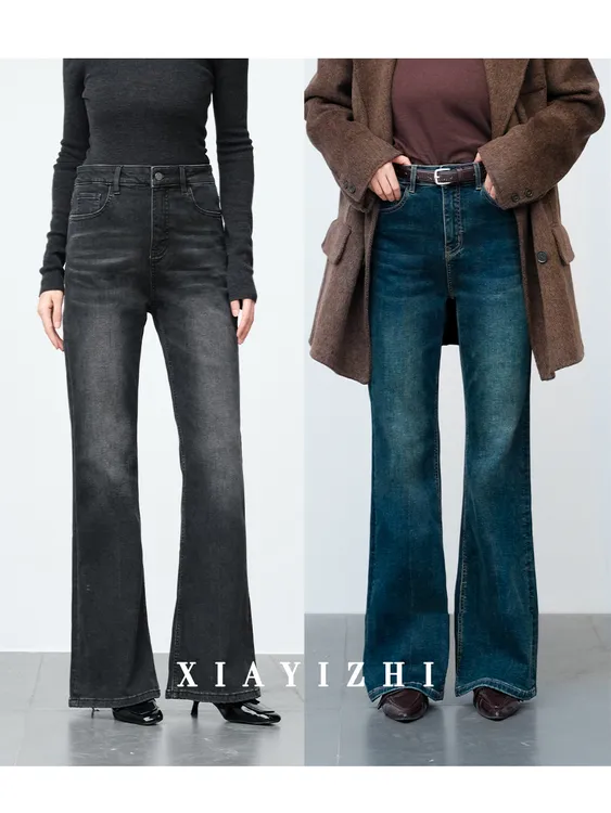 夏一制【超模裤】秋冬加绒四面弹微喇裤高腰显瘦桑蚕丝德绒牛仔裤