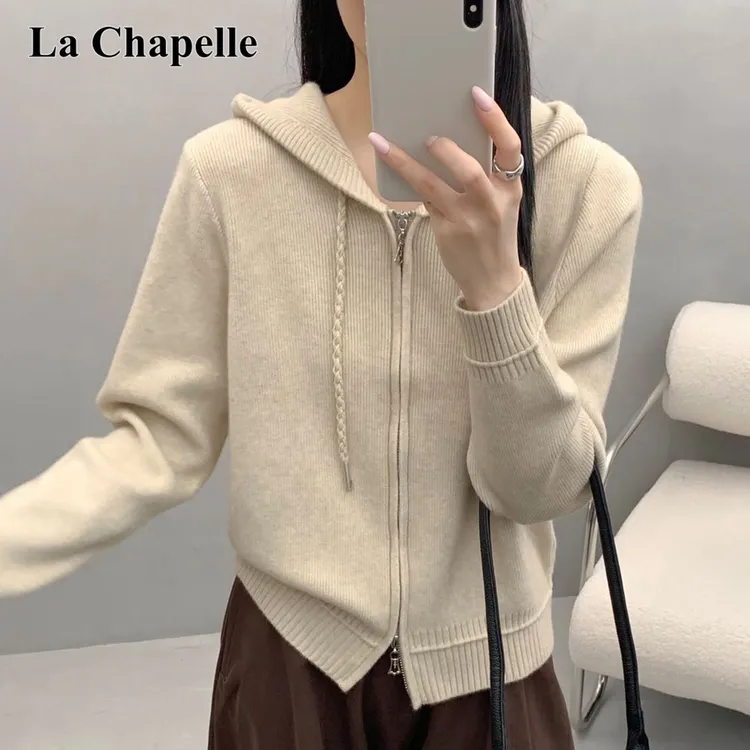 拉夏贝尔秋冬新款韩版连帽针织衫慵懒毛衣女气质显瘦百搭打底上衣