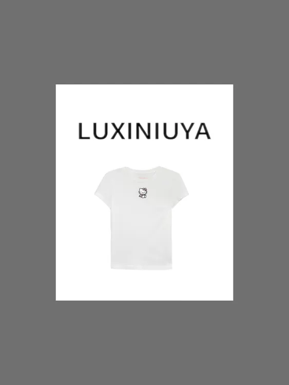 【LUXINIUYA】纯白kt猫 新款卡通小刺绣短袖上衣＃QDS494