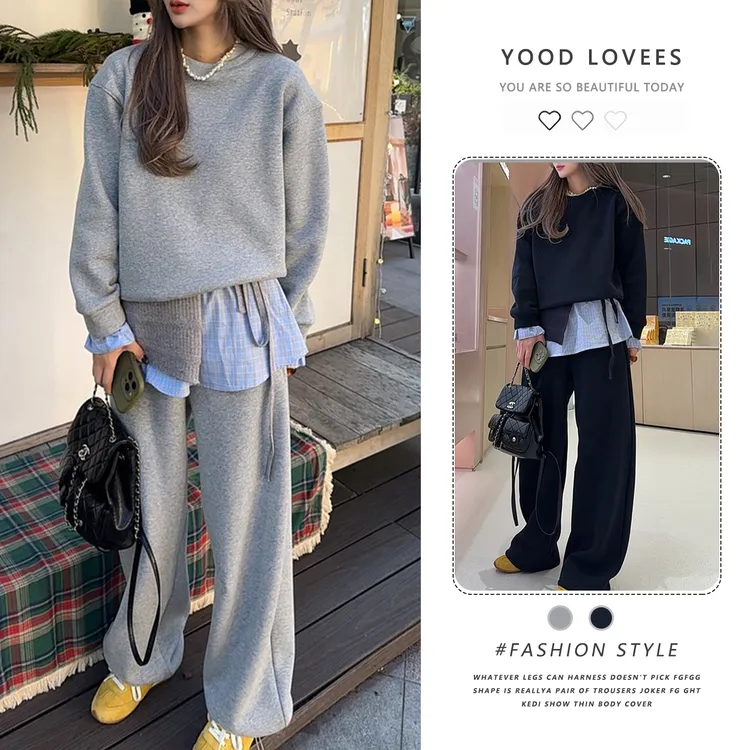 加绒拼接假两件卫衣套装女秋冬新款设计感格子屁帘加绒卫裤三件套