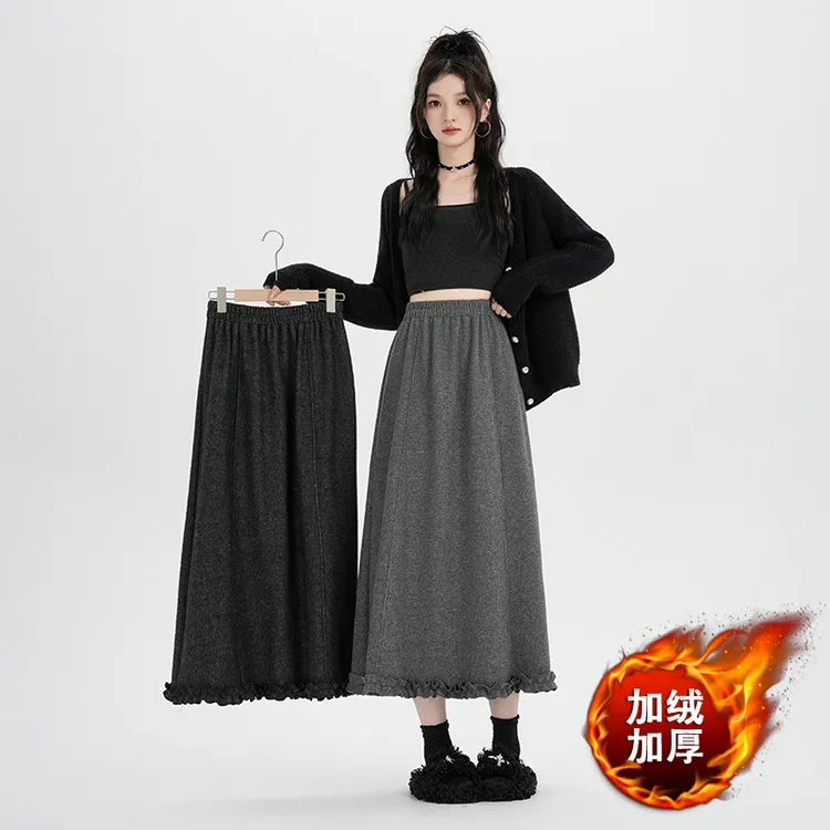 2025冬新款韩版木耳边加绒毛呢半身裙高腰显瘦垂感软糯A字中长裙