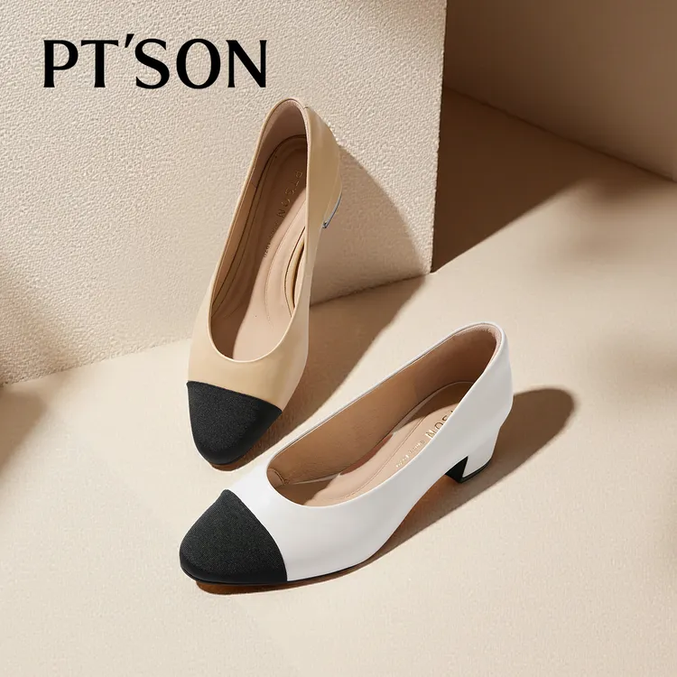 百田森加宽版羊皮小香风鞋子2026春新款气质小单鞋女粗跟高跟鞋子