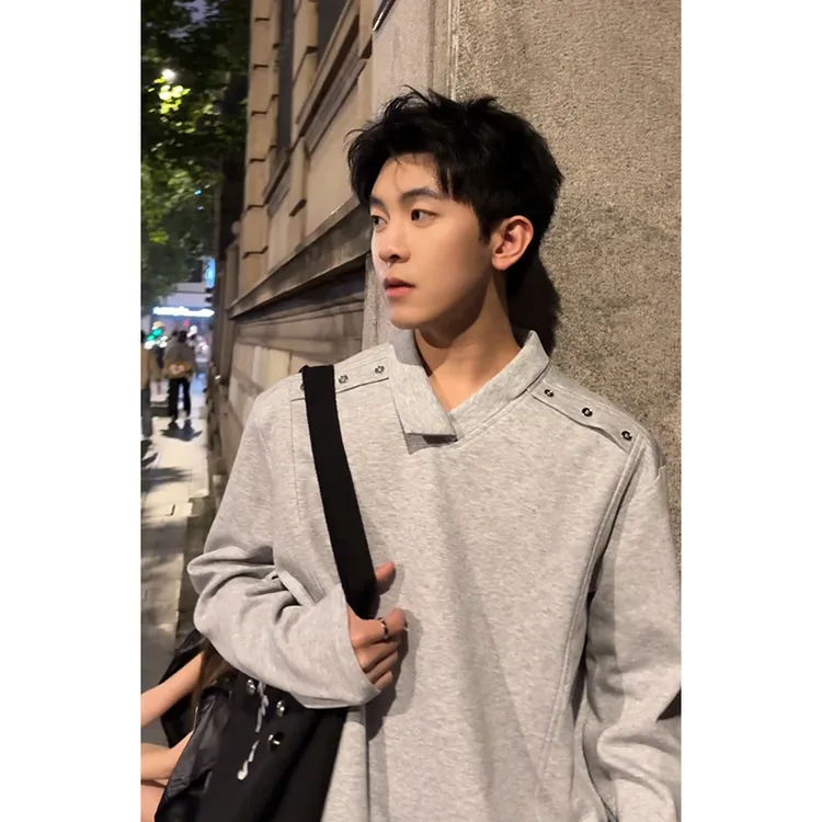 V37美式设计感不规则翻领长袖卫衣男秋高街潮牌cleanfit情侣上衣