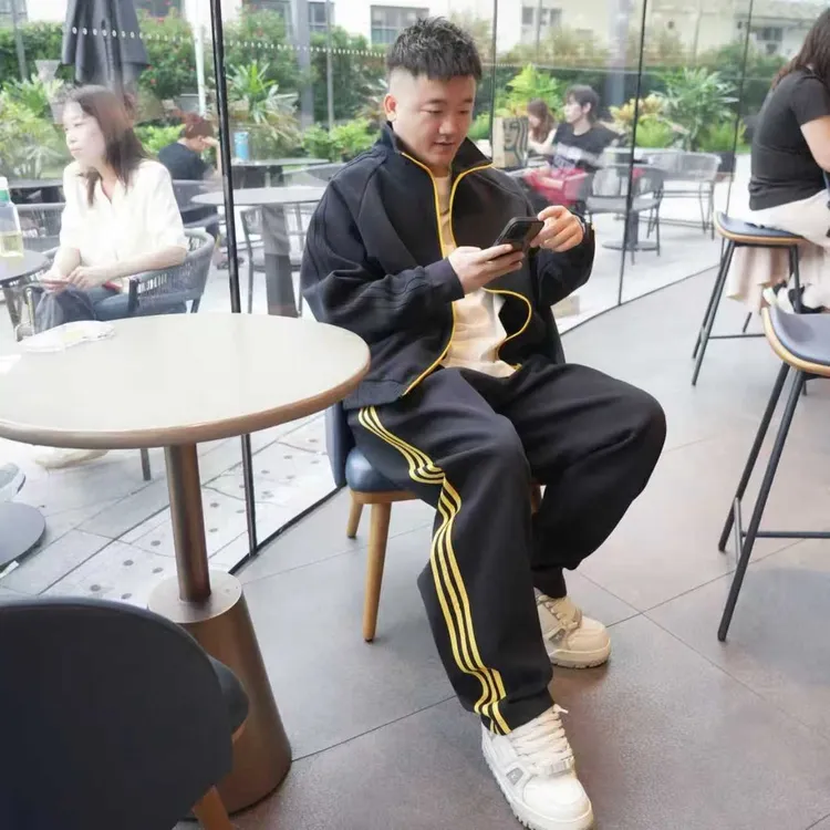 运动套装拼色杠条立领百搭宽松套装男女同款90251+2556