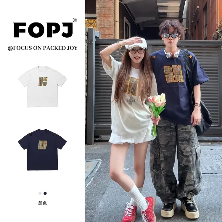 FOPJ刺绣款夏季学院风情侣短袖t恤休闲时尚百搭宽松显瘦半袖上衣