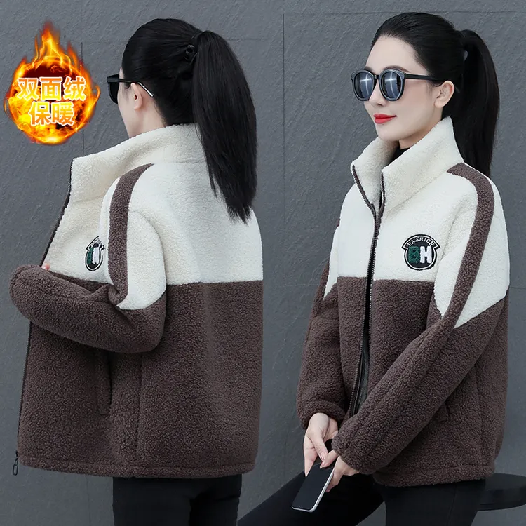 加绒女外套时尚刺绣毛巾绣撞色一体绒外套保暖立领冬季厚外套百搭