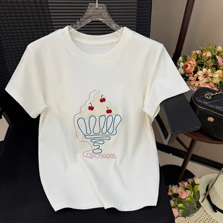 冰淇淋刺绣短袖T恤女夏季休闲宽松体恤减龄设计感洋气重工上衣服