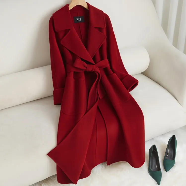 红色双面羊绒大衣女中长款修身显瘦高端减龄赫本风气质羊毛呢外套