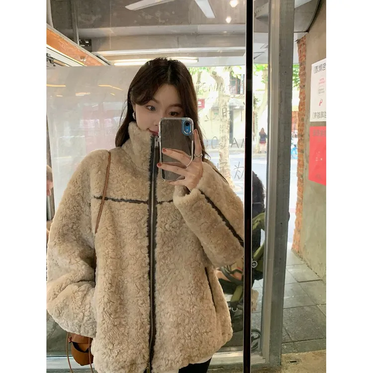 羊羔毛外套女皮毛一体棉衣2024冬季新款保暖上衣拉链宽松立领开衫