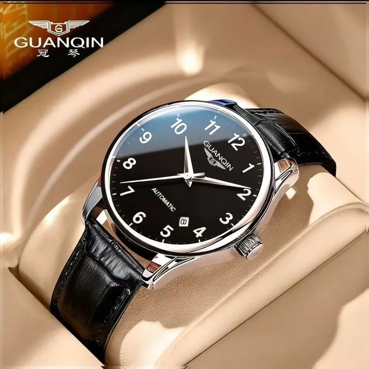 正品冠琴新款手表男全自动机械表真皮蝴蝶扣大数字款男表防水腕表