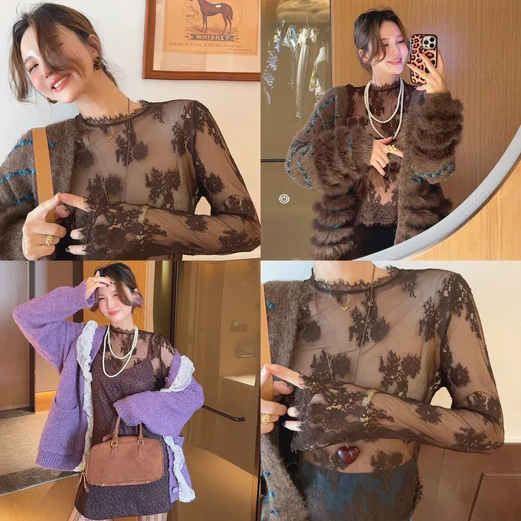 智英欧尼 网纱打底衫【半高领内搭蕾丝女上衣高级感长袖镂空】