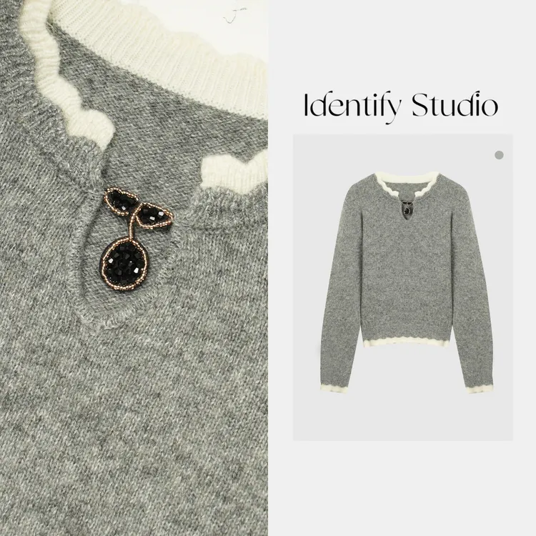 IDENTIFY冬季木耳花边V领纽扣设计款羊毛毛衣25AWG120841