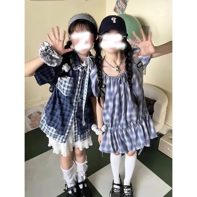 miu系格子衬衫短袖女夏季穿搭拼接撞色多巴胺衬衣宽松学院风上衣