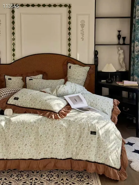 法式花边全棉针织双层纱四件套复古文艺浪漫印花床上用品