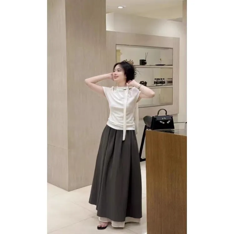2025春季新款文艺通勤气质修身坎肩设计飘带拼接上衣百搭半身裙