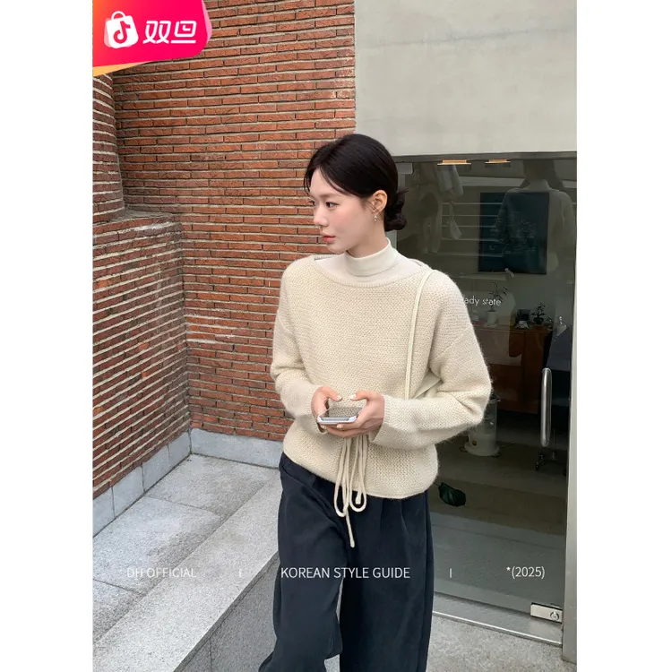 DH 大花的双旦【舒适区】“羊驼毛+绵羊毛”温柔抽绳系带显瘦宽松毛衣