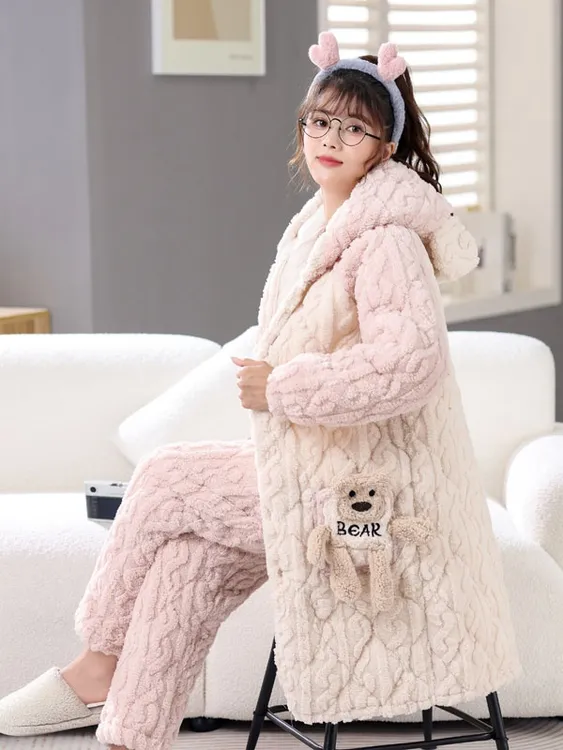 女家居服套装加厚加绒棉女冬睡衣睡袍连帽秋冬季