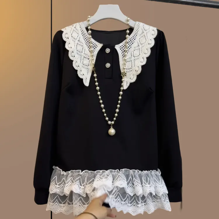 早秋季大码女装胖妹妹显瘦宽松百搭短款上衣简约黑色蕾丝领大衫