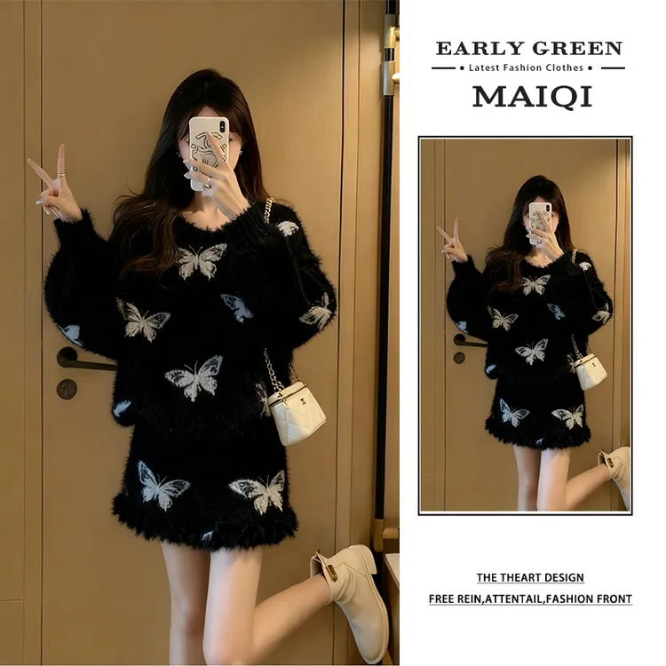 蝴蝶印花拼接毛边设计感针织套装女2025秋冬慵懒风显瘦减龄两件套