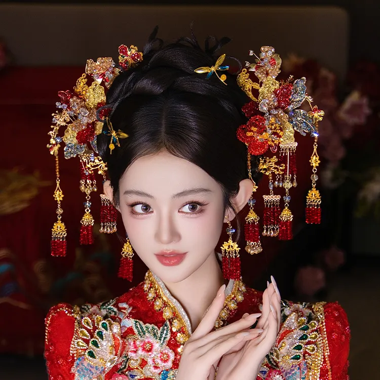 合金树脂婚庆饰品 国风新款新娘头饰套装蜻蜓凝胶花古风头饰D0674